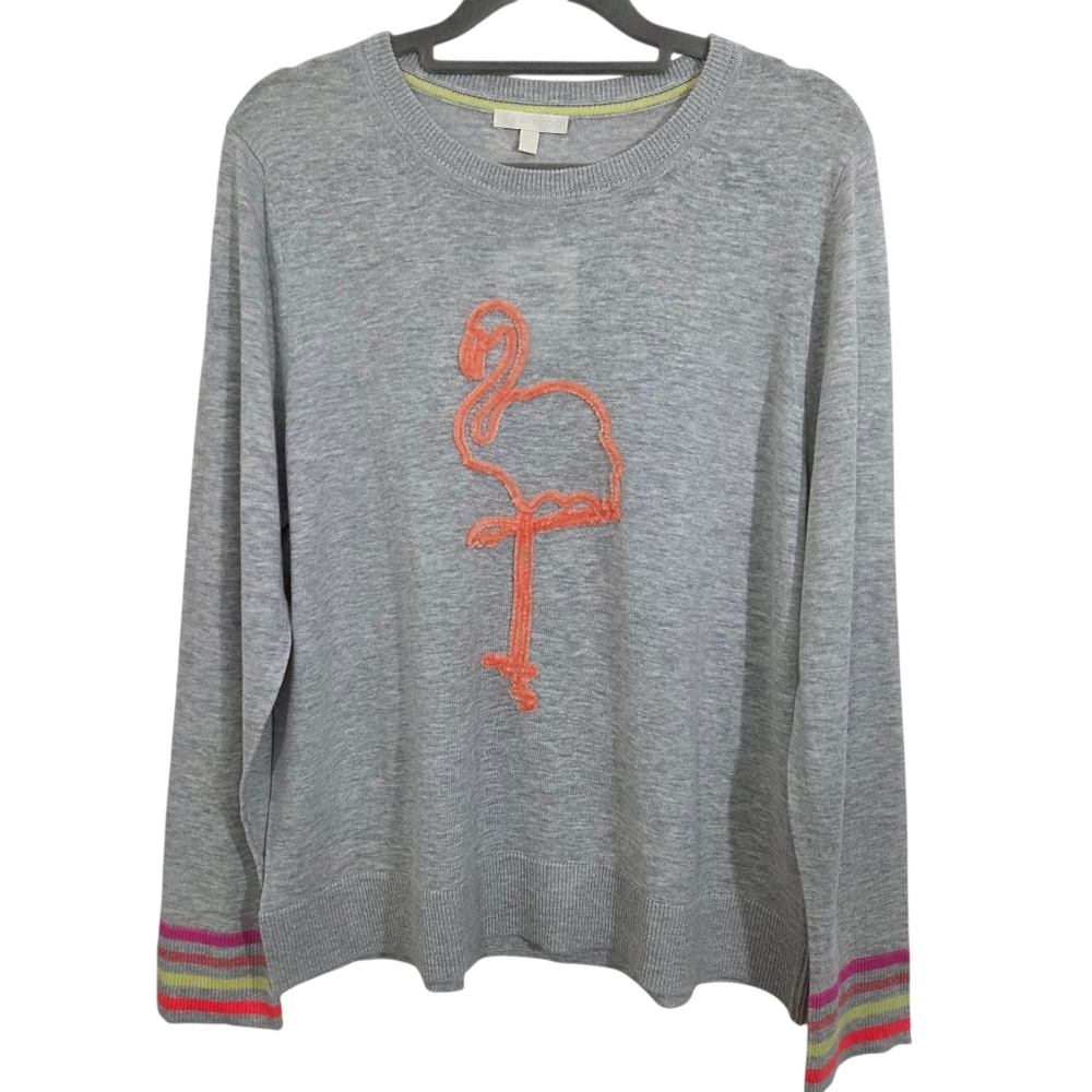 NWT Lisa Todd Chenille Flamingo Sweater Top Grey Size Large Petite Preppy Linen